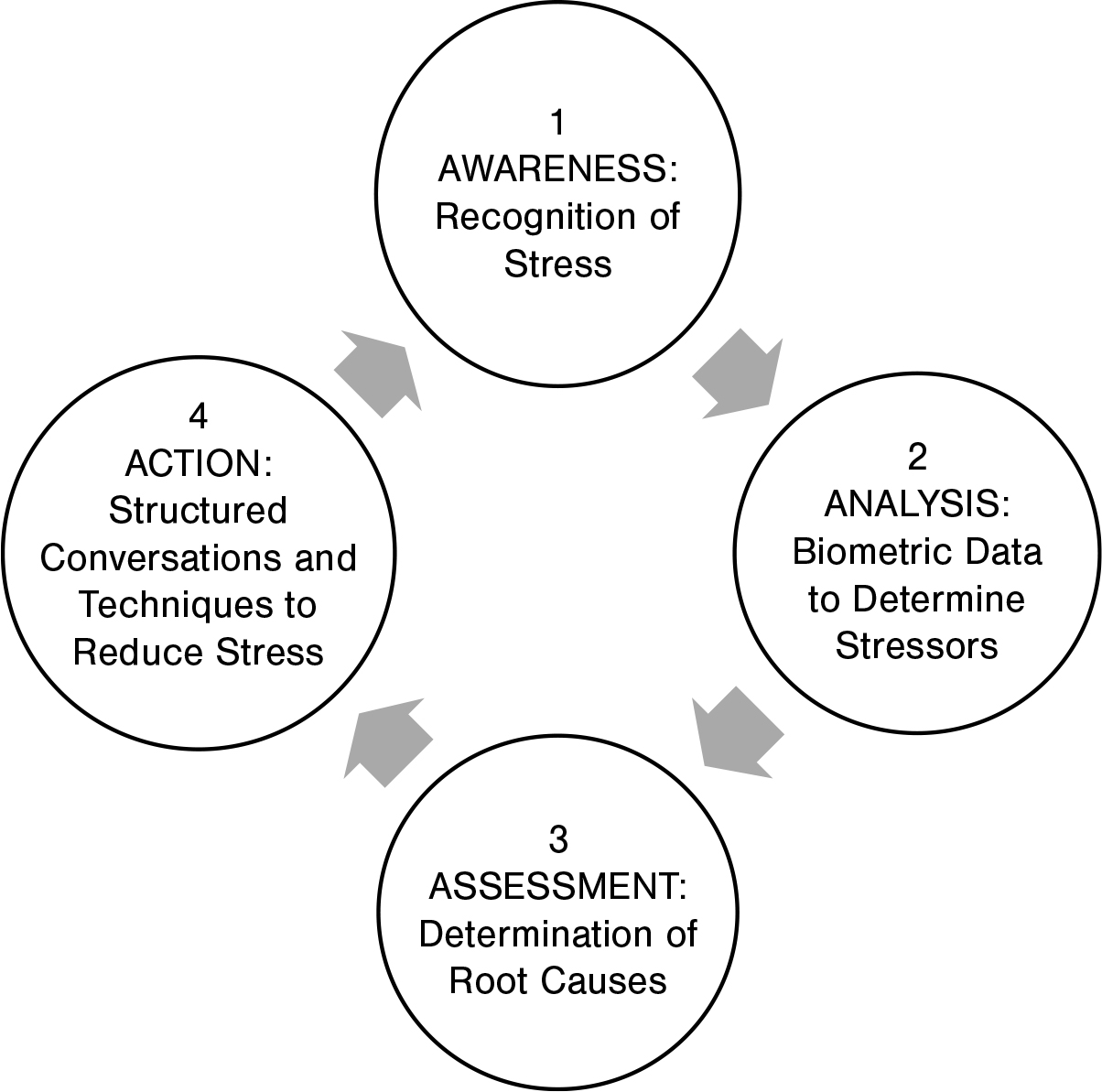 Four circles with arrows pointing between each form a large circle pattern to indicate a continuous cycle from Awareness to Analysis to Assessment to Action and back to Awareness.